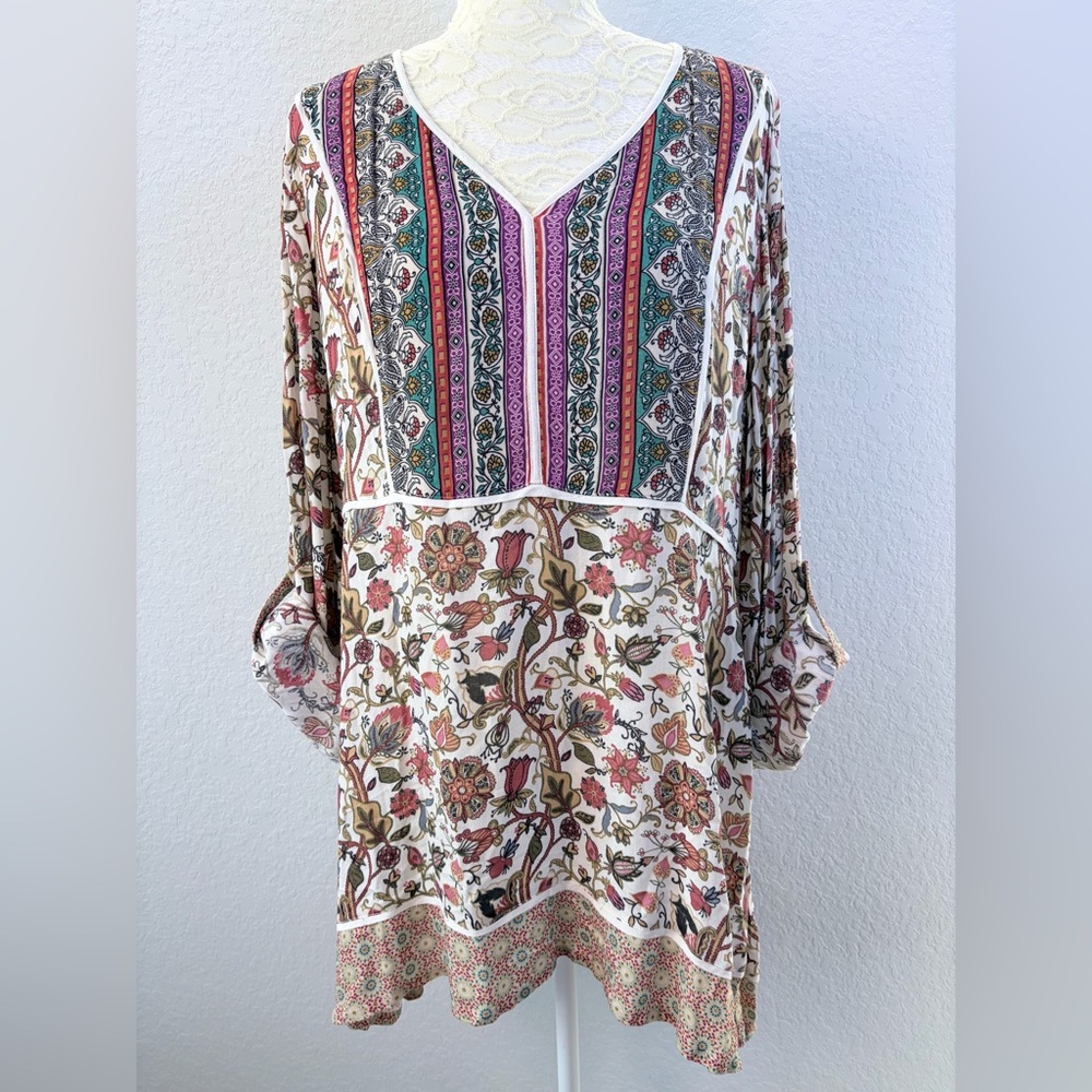 John Mark Floral Boho Rolled Sleeve Tunic Mini Dress XL